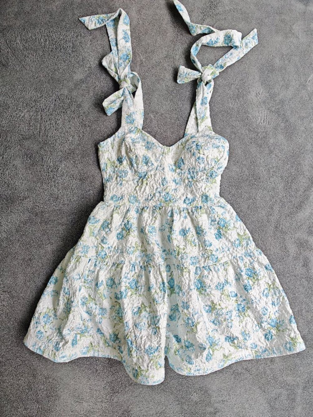 Altar’d State Blue Floral Shimmer Jacquard Tie Strap Mini Dress Cottagecore Size - Picture 2 of 16